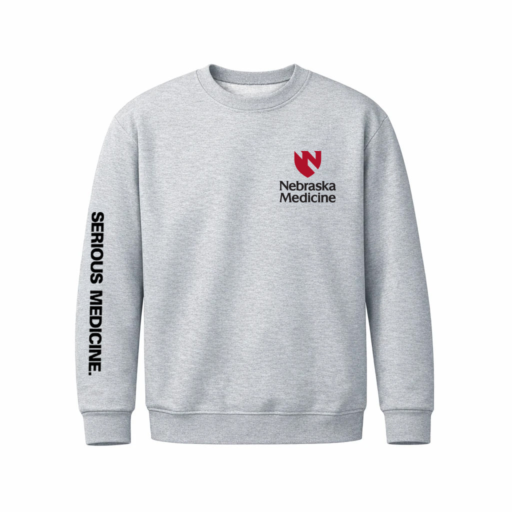 Nebraska Medicine Crewneck Sweatshirt, Brand Promise on Sleeve Grey